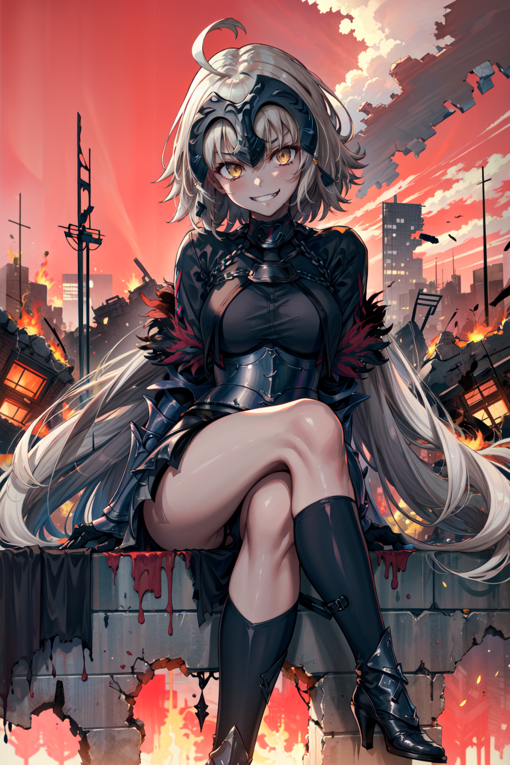 masterpiece,best quality,highres,detailed background,1girl,jeanne d'arc alter \(fate\),A2nd,1.1Clothing,((evil grin)),red ...